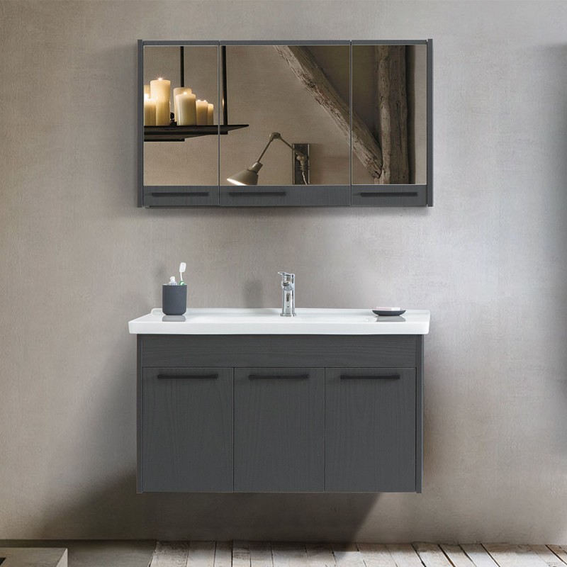 Mobile bagno sospeso 100 cm grigio effetto legno con armadietto a specchio Sofia