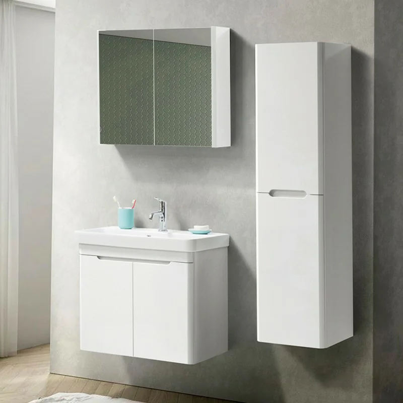 Lomadox Mobile Bagno Completo Con Lavabo, Bianco Lucido, 94 Cm, Armadio A Specchio 3D Con LED E 3 Ante, Set Mobile + Specchio