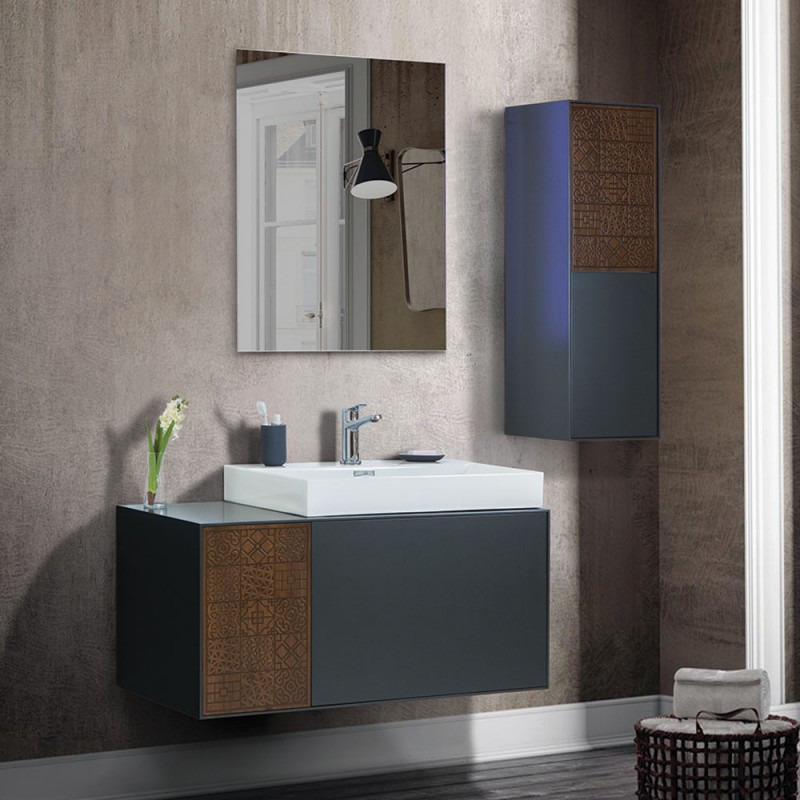 Mobile bagno sospeso 100 cm antracite e noce canaletto con lavabo e specchio Monza