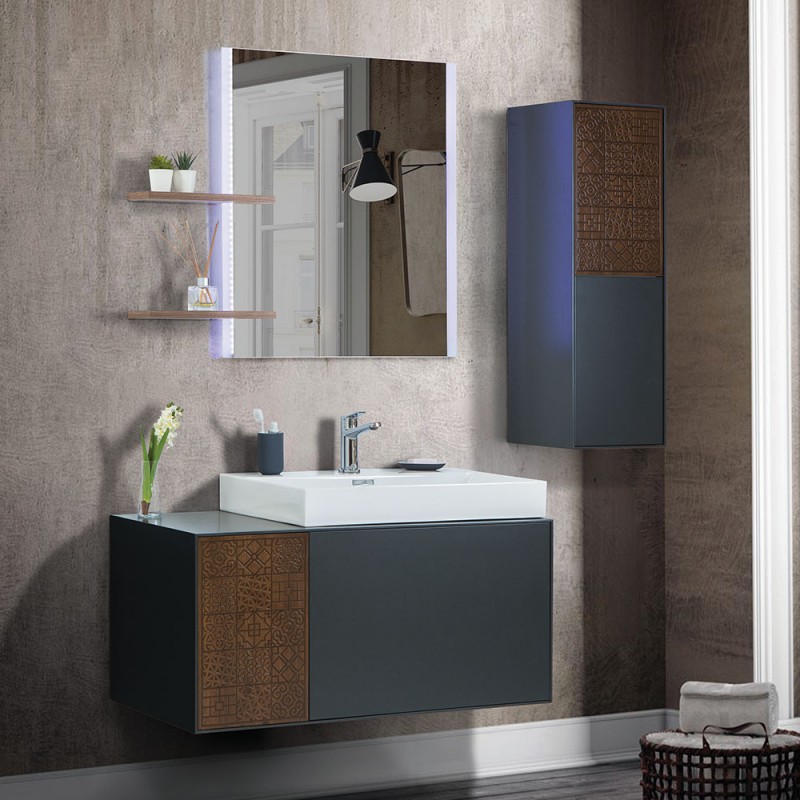 Mobile bagno sospeso 100 cm antracite e noce canaletto con lavabo e specchio led Monza