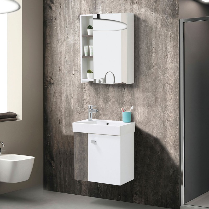 Mobile bagno sospeso salvaspazio 55 cm bianco e grigio cemento con specchio Strada