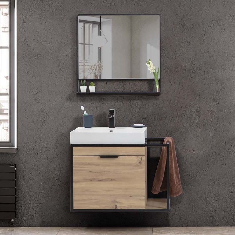 Mobile bagno sospeso 80 cm in legno e metallo nero con specchio Zante