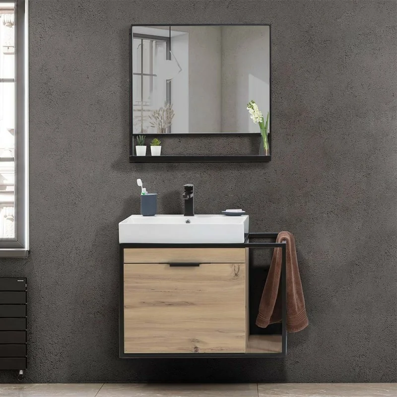 Mobile bagno sospeso 100 cm in legno e metallo nero con specchio Zante