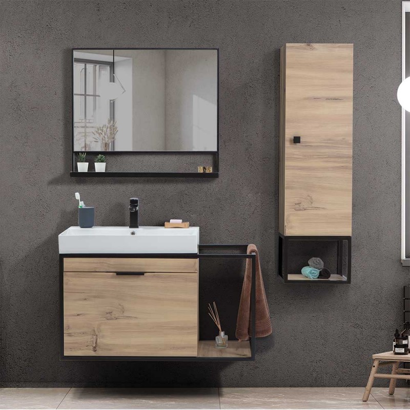 Mobile bagno sospeso 100 cm in legno e metallo nero con specchio Zante