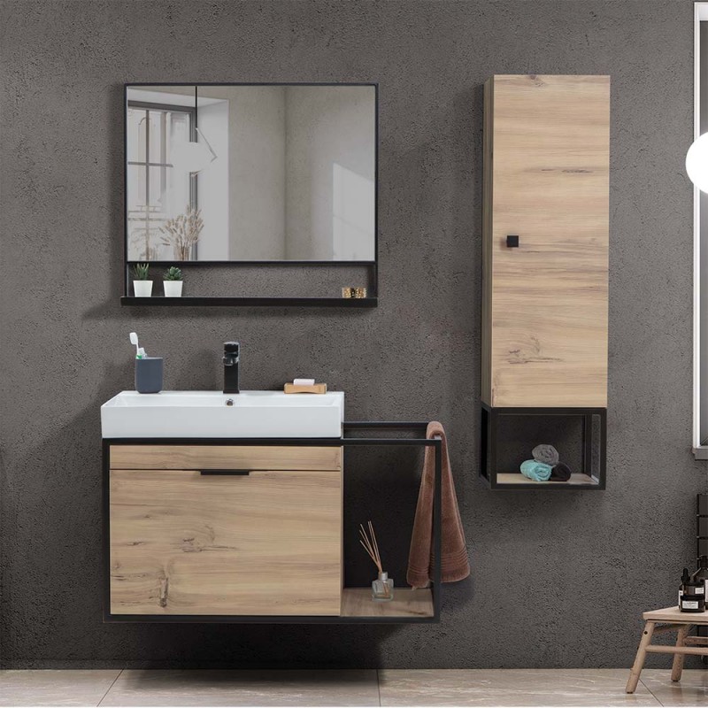 Colonna bagno sospesa 125 cm stile industrial in legno e metallo nero Zante