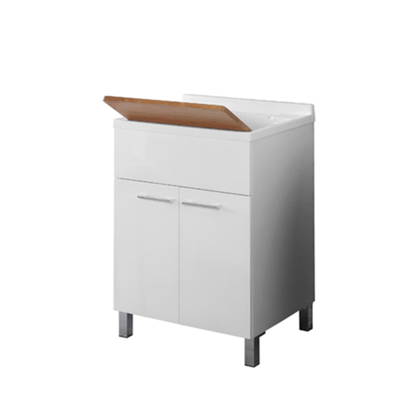 Lavatoio 60x50 con Tavoletta Bamboo Piletta e Sifone Bianco Mondo Mobile Lavatoio 2 Ante Bianco L.60 Con Vasca E Asse