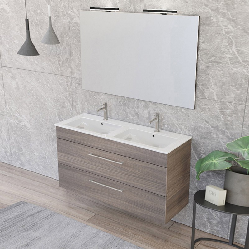 Mobile Bagno Sospenso 110 Cm Domus, Con Cassetto E Lavabo, Rovere Farnia/Cemento Chiaro, Made In Italy - 2