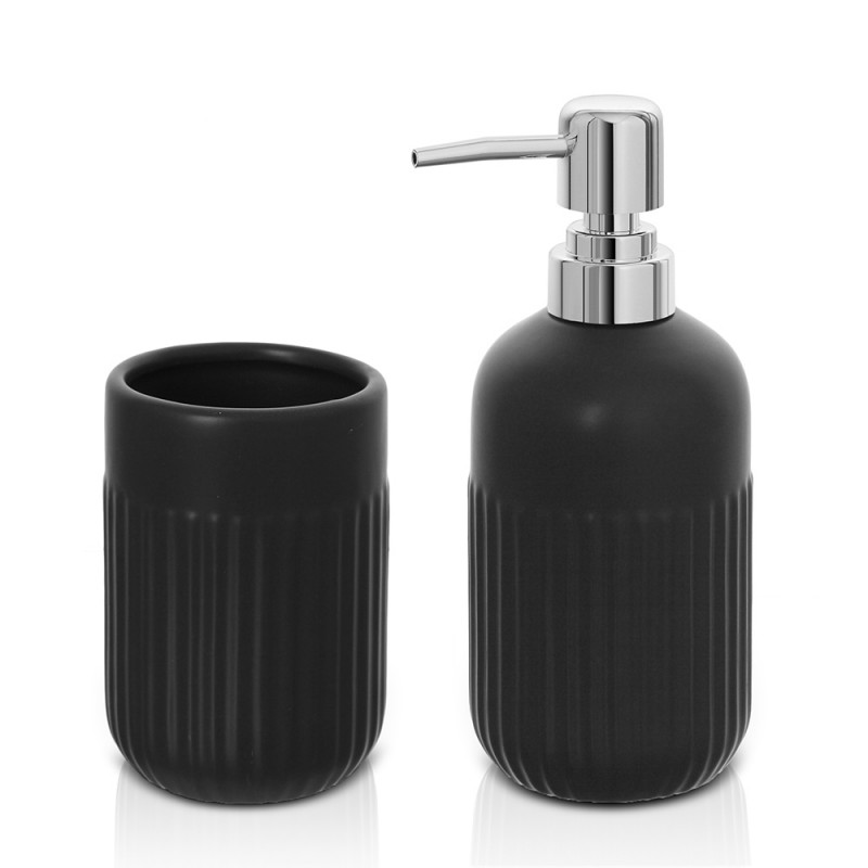 Set accessori bagno dispenser e portaspazzolini da appoggio nero in ceramica Cup