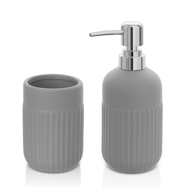 Set accessori bagno dispenser e portaspazzolini da appoggio grigio in ceramica Cup