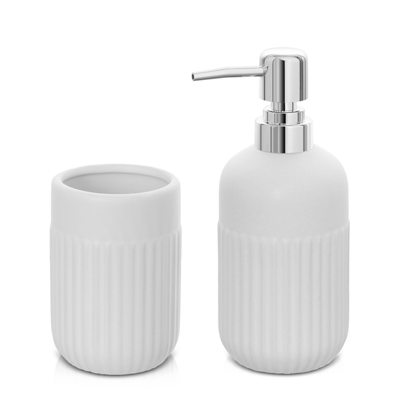 Set accessori bagno dispenser e portaspazzolini da appoggio bianco in ceramica Cup