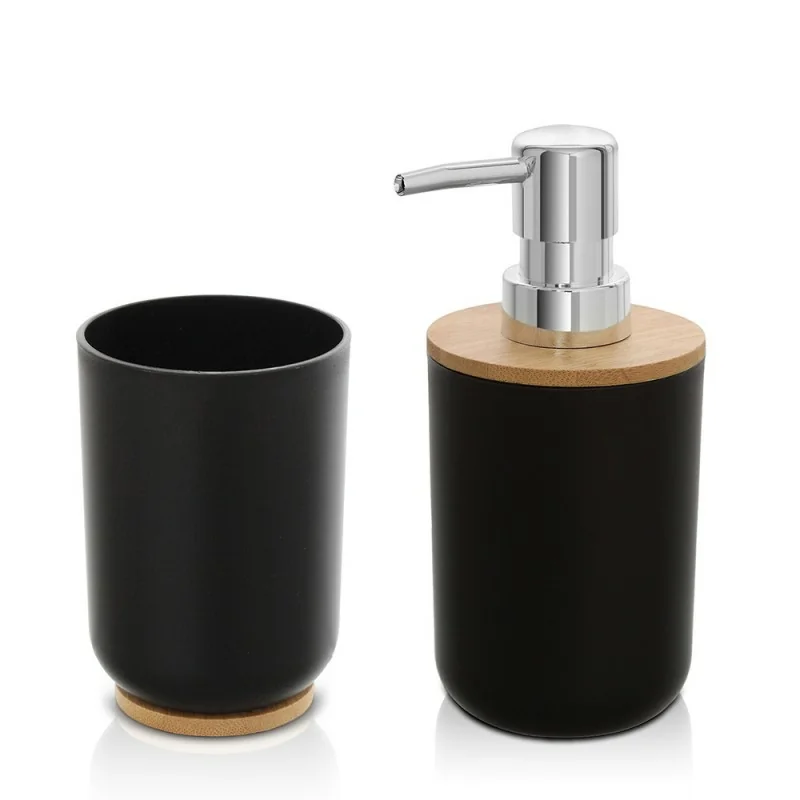 Set Bagno MOCHTERO 4 Pezzi In Bambù E Plastica Bianca | Dispenser, Portaspazzolini E Portasapone