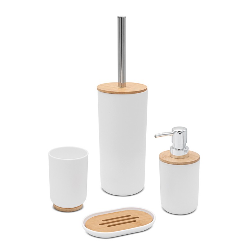 Set completo accessori bagno da appoggio in abs bianco e bamboo Surf