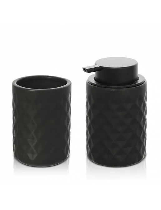 Set Accessori Bagno In Resina Effetto Pietra – Nero, 3 Pezzi: Dispenser Sapone, Portaspazzolini E Portasaponetta, Design Moderno