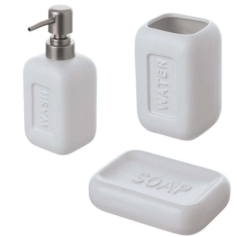 Set 3 Accessori con Dispenser Portaspazzolino Portasapone Bianco Set 3 Accessori con Dispenser Portaspazzolino Portasapone Bianco