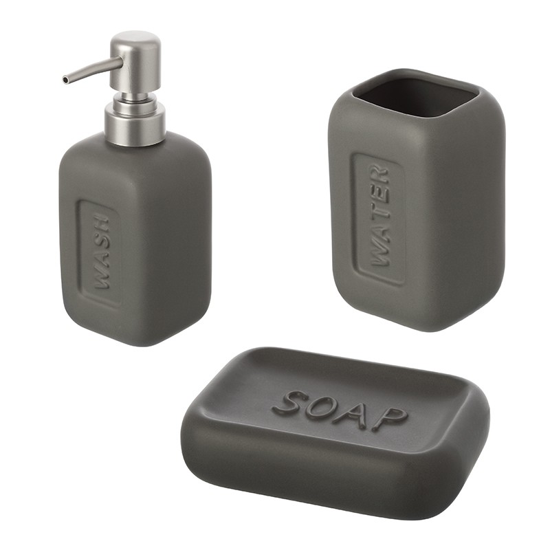 Set 3 Accessori Con Dispenser Portaspazzolino Portasapone Grigio Set 3 Accessori Con Dispenser Portaspazzolino Portasapone Grigio