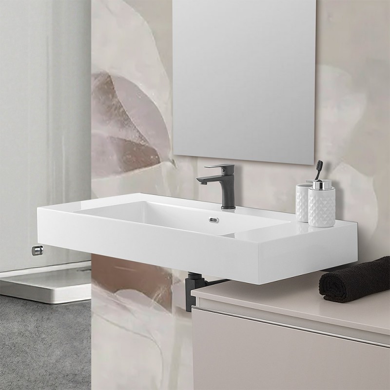 Lavabo sospeso in resina 100 cm bianco lucido | Flute 