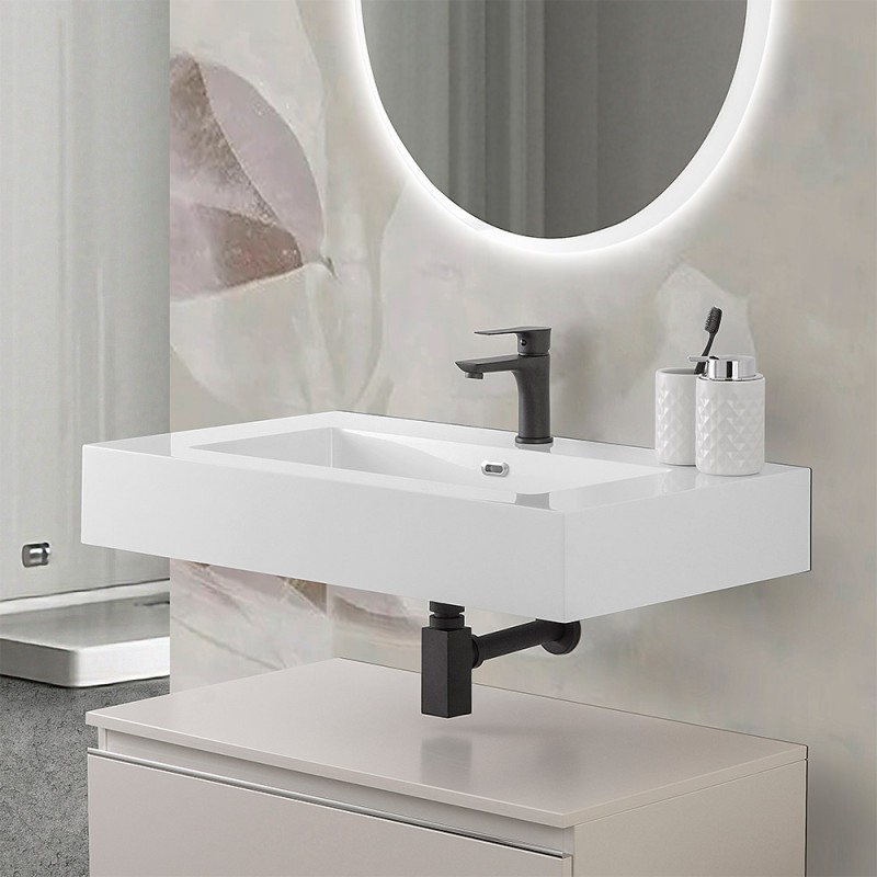 Lavabo sospeso in resina 80 cm bianco lucido