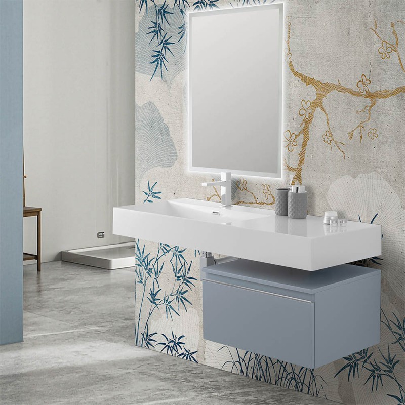 Mobile bagno sospeso 60 cm blu pastello lavabo 120 sinistro e specchio LED Iside