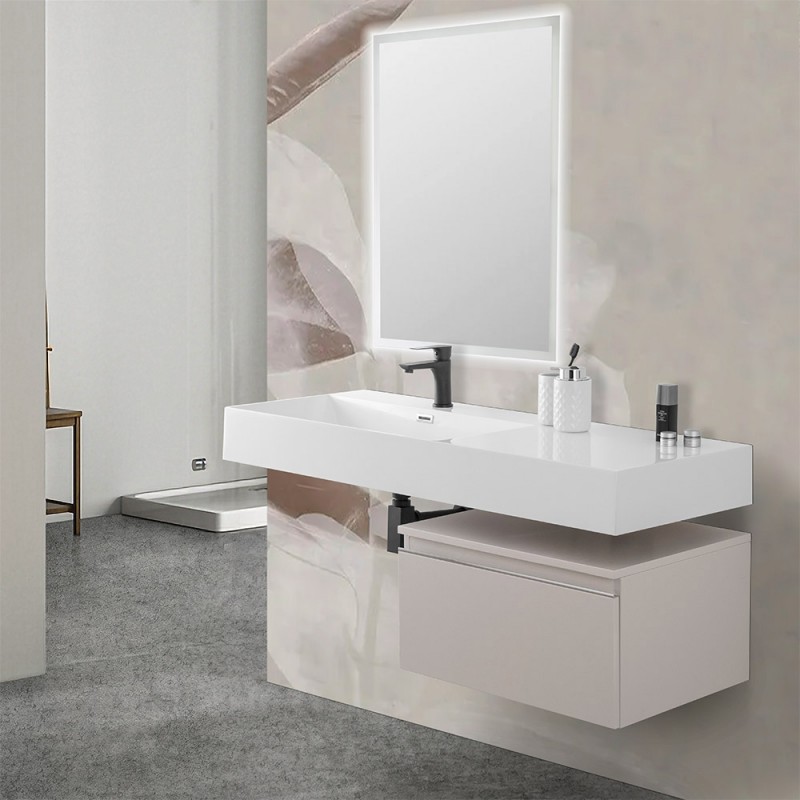 Mobile bagno sospeso 60 cm grigio perla lavabo 120 sinistro e specchio LED Iside