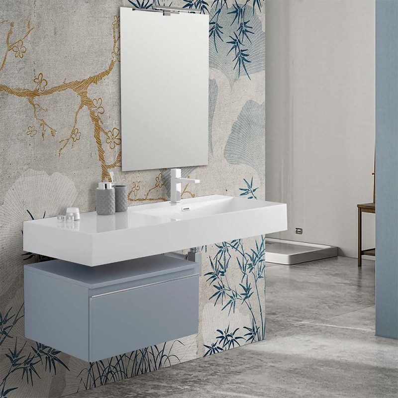 Mobile bagno sospeso 60 cm blu pastello lavabo 120 destro e specchio Iside
