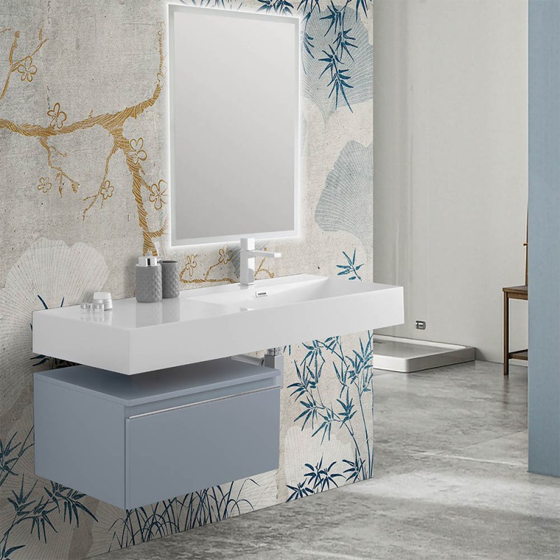 Mobile bagno sospeso 60 cm blu pastello lavabo 120 destro e specchio LED Iside