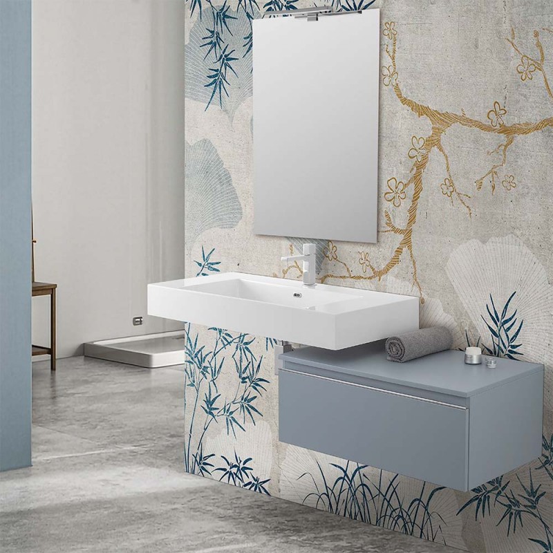 Mobile bagno 80 cm blu pastello lavabo 120 cm Flute e specchio a filo Iside