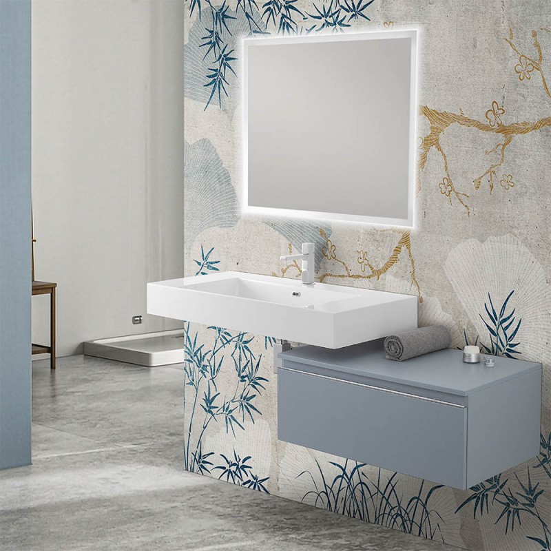 Mobile bagno 80 cm blu pastello lavabo 120 cm Flute e specchio LED Iside