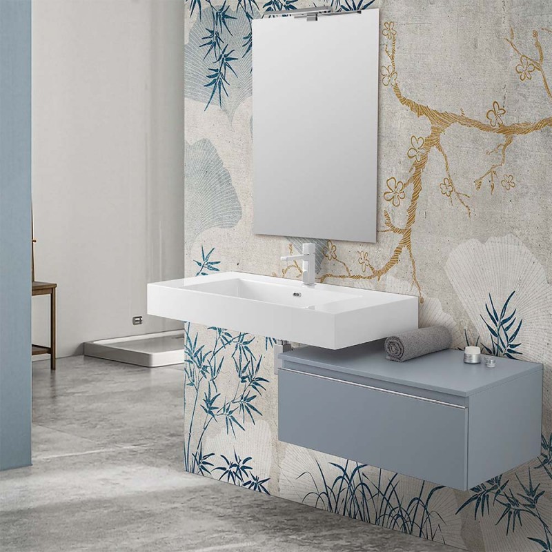 Mobile bagno 80 cm blu pastello lavabo sospeso 100 cm Flute e specchio Iside