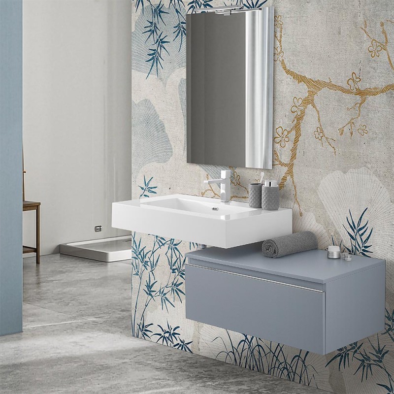 Mobile bagno 80 cm blu pastello lavabo sospeso 100 cm Lodi  e specchio Iside