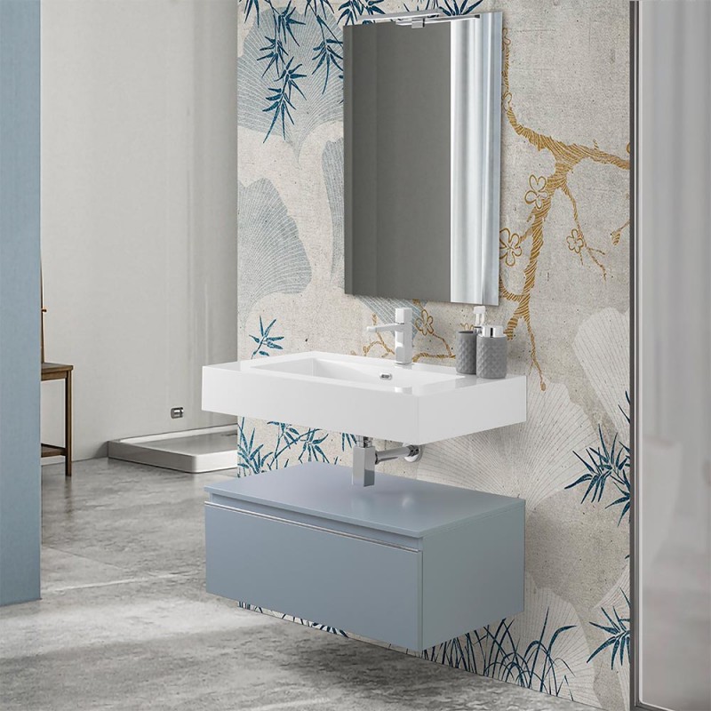Mobile bagno  80 cm blu pastello lavabo sospeso e specchio Iside