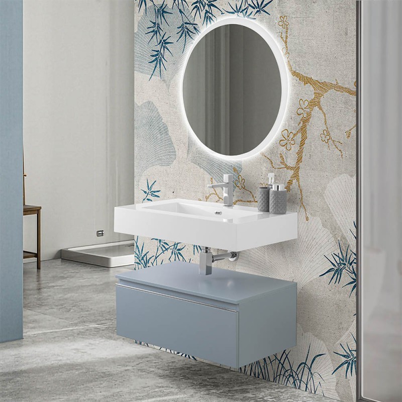 Mobile bagno 80 cm blu pastello lavabo sospeso e specchio LED Iside