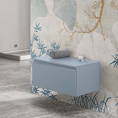 Mobile bagno cemento con specchio e luce, pensile bagno con anta ribalta.  Dimensioni 73x14x61h cm.