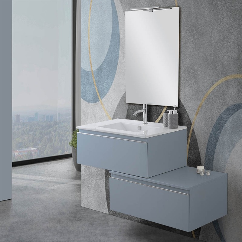 Mobile sospeso 80 cm blu pastello doppia base lavabo e specchio Iside