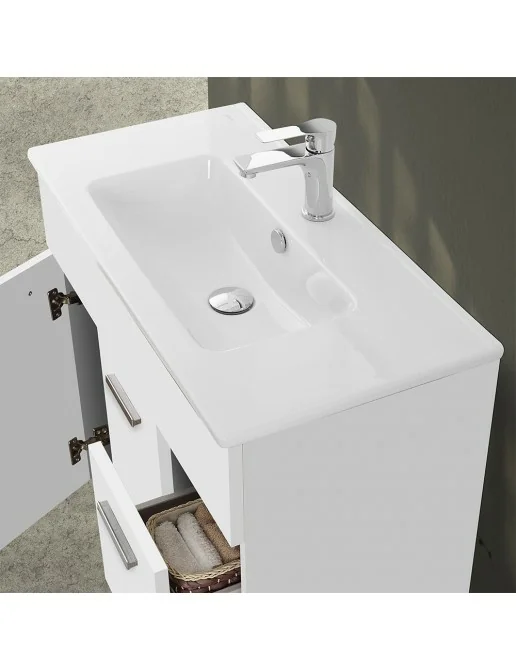 Set Mobili Bagno Arisa 80 Cm Con Specchio LED E Lavabo – Ante Scanalate, Soft-Close, Colore Oro Rovere Bianco