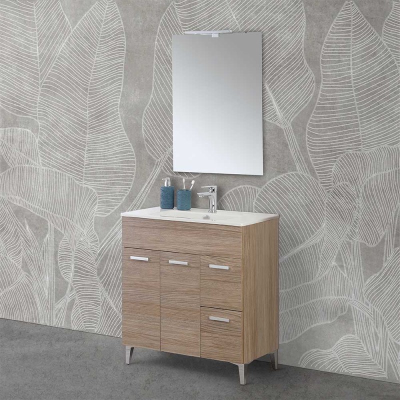 Mobile bagno a terra 80 rovere tropea con lavabo e specchio LED | Martha