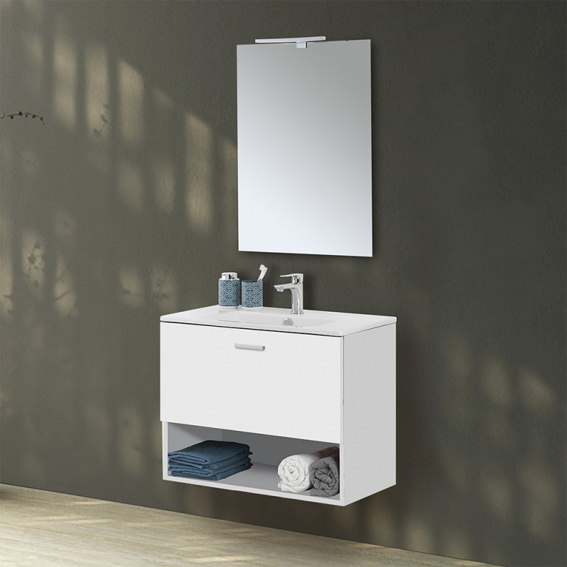 Mobile bagno sospeso 80 bianco con lavabo e specchio LED | Martha