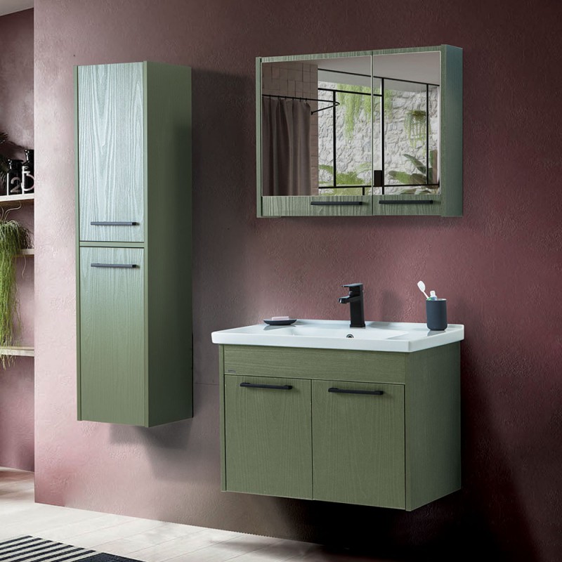 Mobile bagno sospeso 80 cm verde effetto legno con armadietto a specchio  Sofia