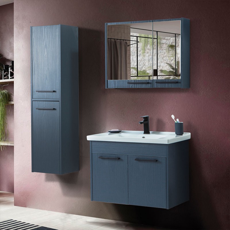 Mobile bagno sospeso 80 cm blu effetto legno con armadietto a specchio Sofia