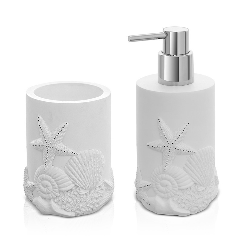 Set bagno con dispenser sapone e portaspazzolino da appoggio in resina bianco | Coral
