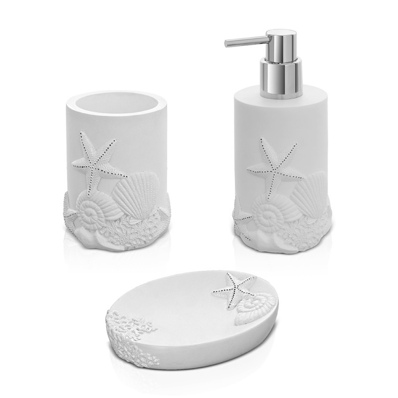 Set accessori bagno 3 pezzi da appoggio in resina bianco con decoro marino | Coral