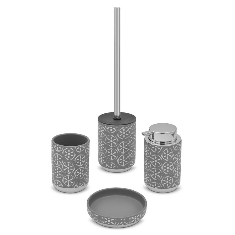 Set Di 3 Accessori Da Bagno In Poliresina Grigio Scuro - Portasapone, Dispenser E Portaspazzolino (Design Moderno, Effetto Arenaria)