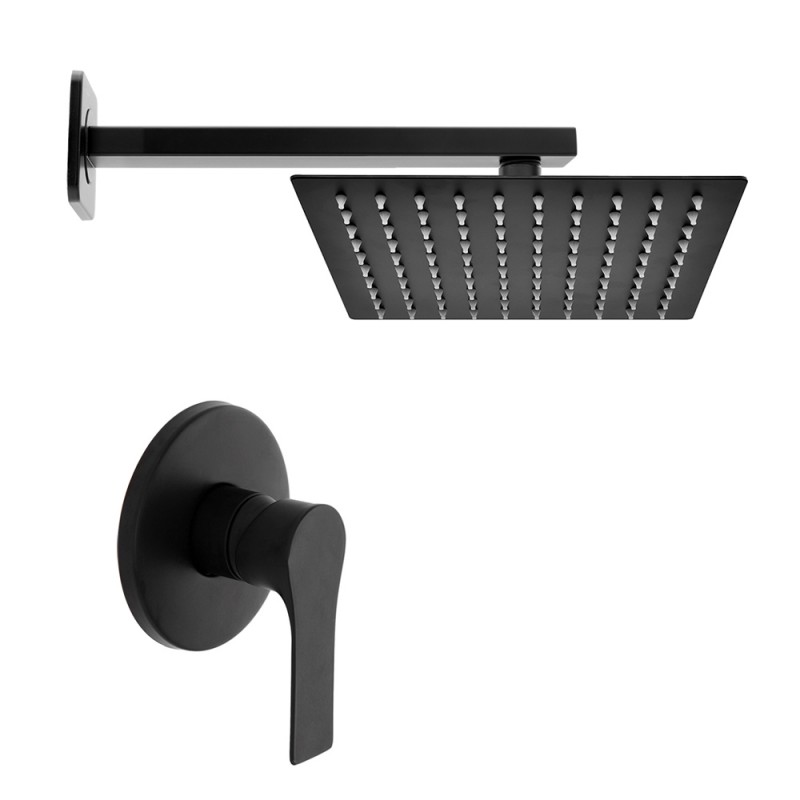 Set doccia nero opaco completo di soffione quadrato 25x25 cm e miscelatore incasso