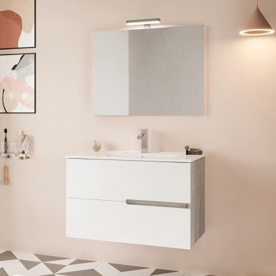 Mobile sottolavabo Dosori, Sotto lavabo bagno, Mobiletto da bagno con  specchio, Lavabo non incluso, 80x45h80 cm, Bianco lucido e Rovere