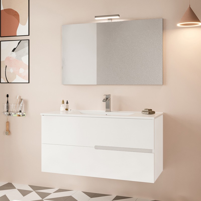 Mobile bagno sospeso 100 bianco lucido con lavabo e specchio LED | Eva