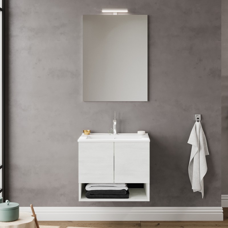 Mobile bagno sospeso 60 rovere bianco con lavabo e specchio LED | Oslo