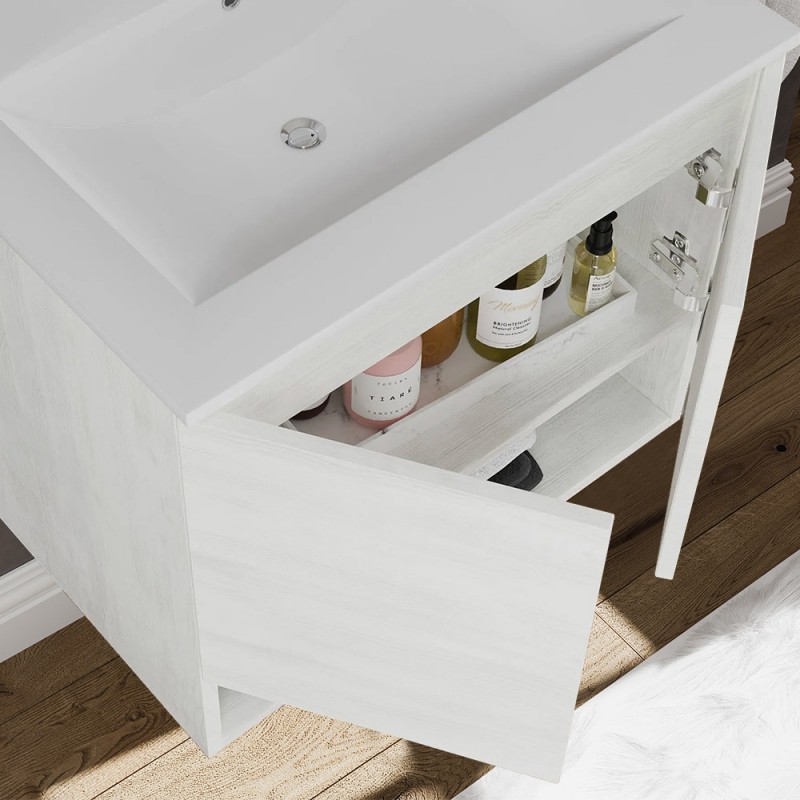 Set Mobili Bagno Con Effetto Scanalato - Lavabo Ceramica, Specchio LED, Armadi Alti - 80cm Colore Nero Opaco - 10