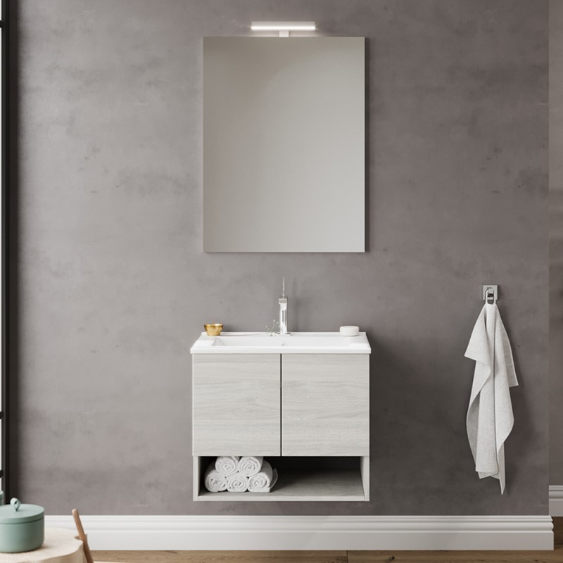 Mobile bagno sospeso 60 rovere grigio con lavabo e specchio LED | Oslo