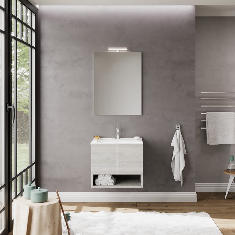 Mobile bagno sospeso salvaspazio 55 cm bianco e grigio cemento con specchio  Strada