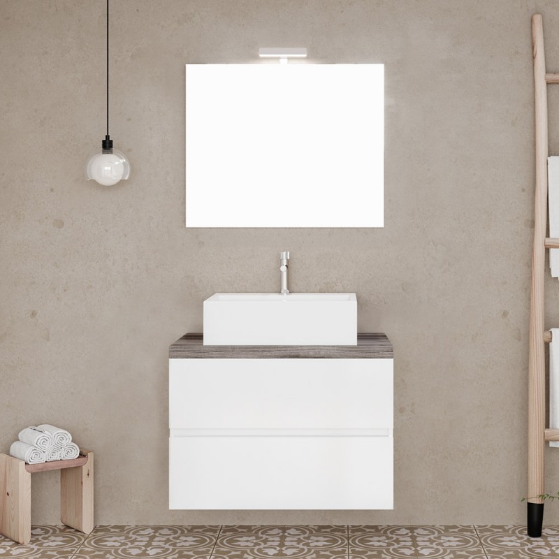 Mobile bagno sospeso 60 bianco top rovere fossile con specchio LED | Town