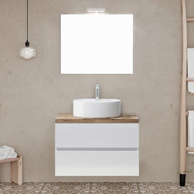 Mobile bagno sospeso 60 cm Duble bianco lucido con lavabo e specchio